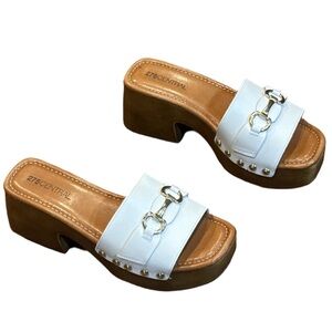 275 CENTRAL Size US 10 / EU 41 White Leather Mules with Brown Wooden Heel